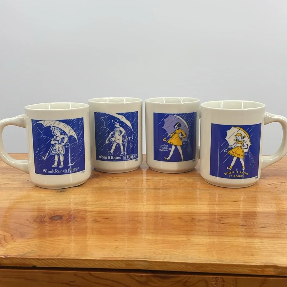 Vintage Morton Salt Girl Mug When It Rains It Pours Collectible Mugs Set of 4